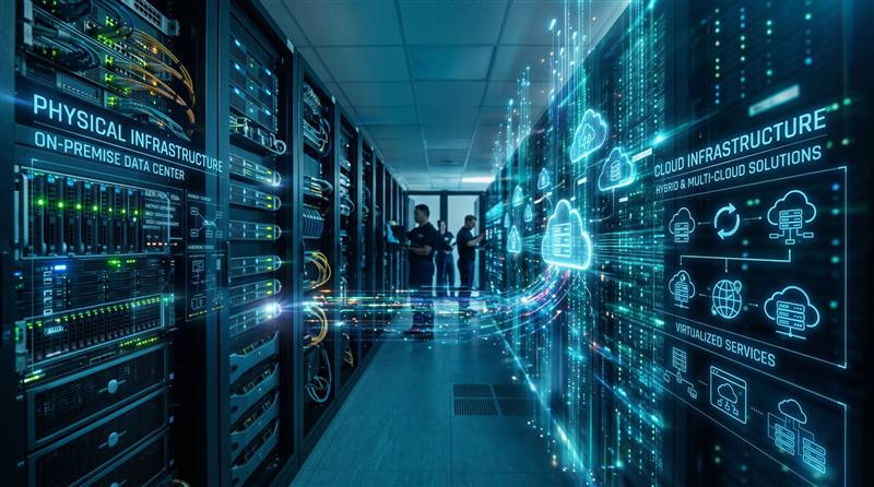 Server room with a cloud services overlay