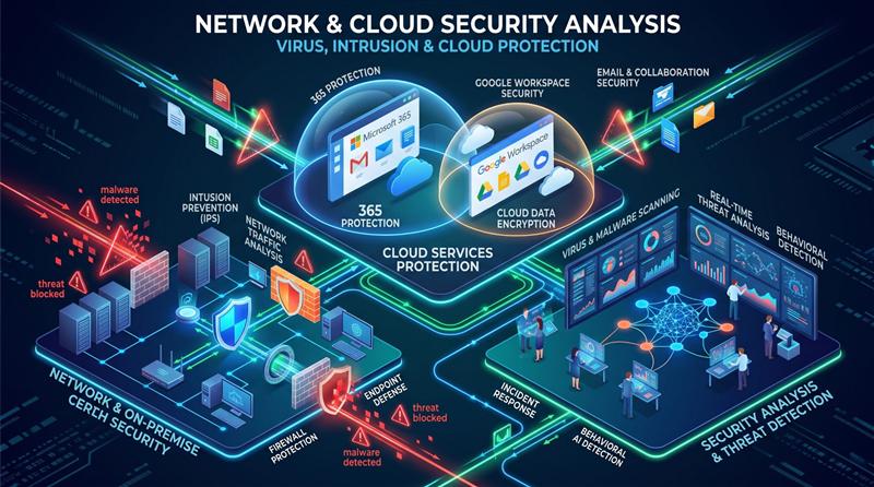 Diagram of network, endpoint and cloud security layers